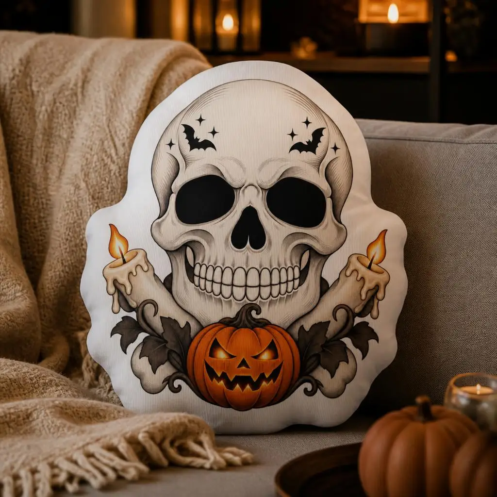 Halloween Skull Shaped Pillow Jack O Lantern Cushion Spooky Throw Pillow with Candles Bats for Sofa Home Decor Seasonal Gift