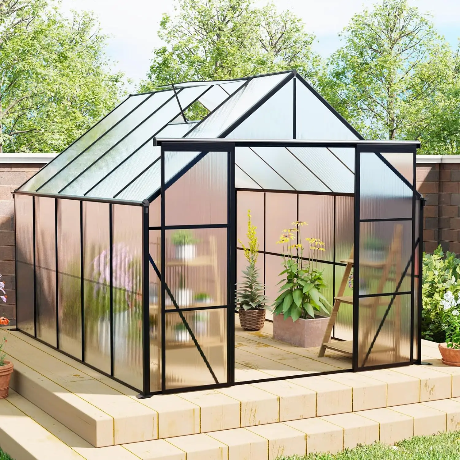 8X10 Ft Greenhouse For Outdoors, Heavy Duty Polycarbonate Greenhouse With Aluminum Structure, Rain Gutter, Adjustable Roof