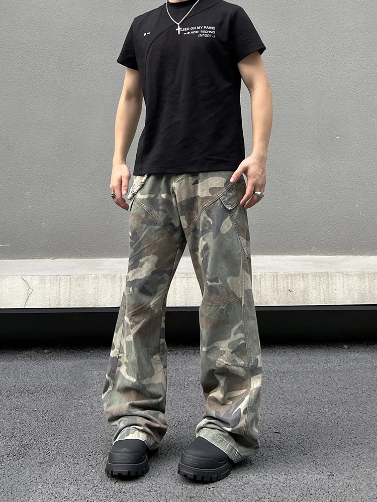 

Американские потертые камуфляжные рабочие брюки свободного прямого кроя в стиле хип-хоп для мужчин, уличный стиль, расклешенные к низу