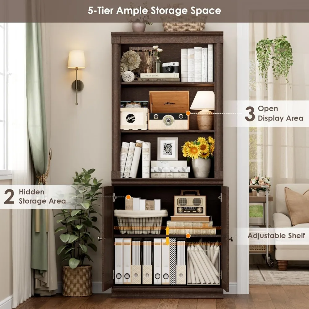 71.3 Tall Bookcase with Doors, 5 Shelf Bookcase Storage Cabinet & File Cabinet, Farmhouse Wood Bookshelf
