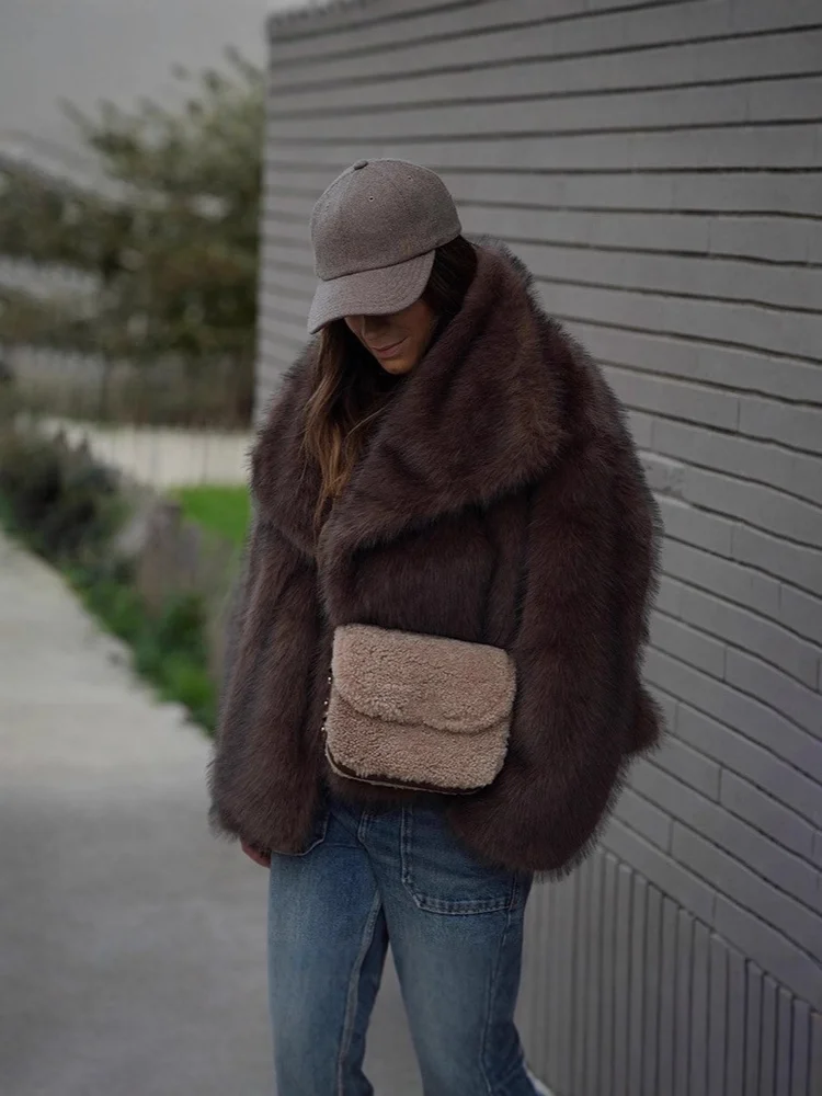 Inverno quente café colorido suave encantador confortável elegante deslocamento namoro lapela outerwear moda pele do falso