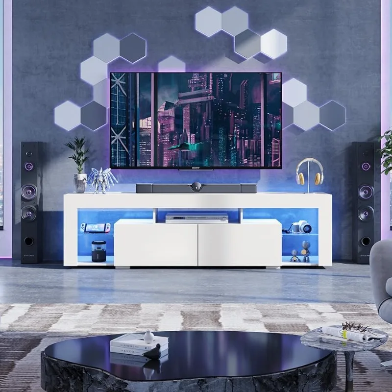 63 Inch TV Stand, LED Entertainment Center for 60 to 70 Inch Television, Modern TV Console with 2 Drawers