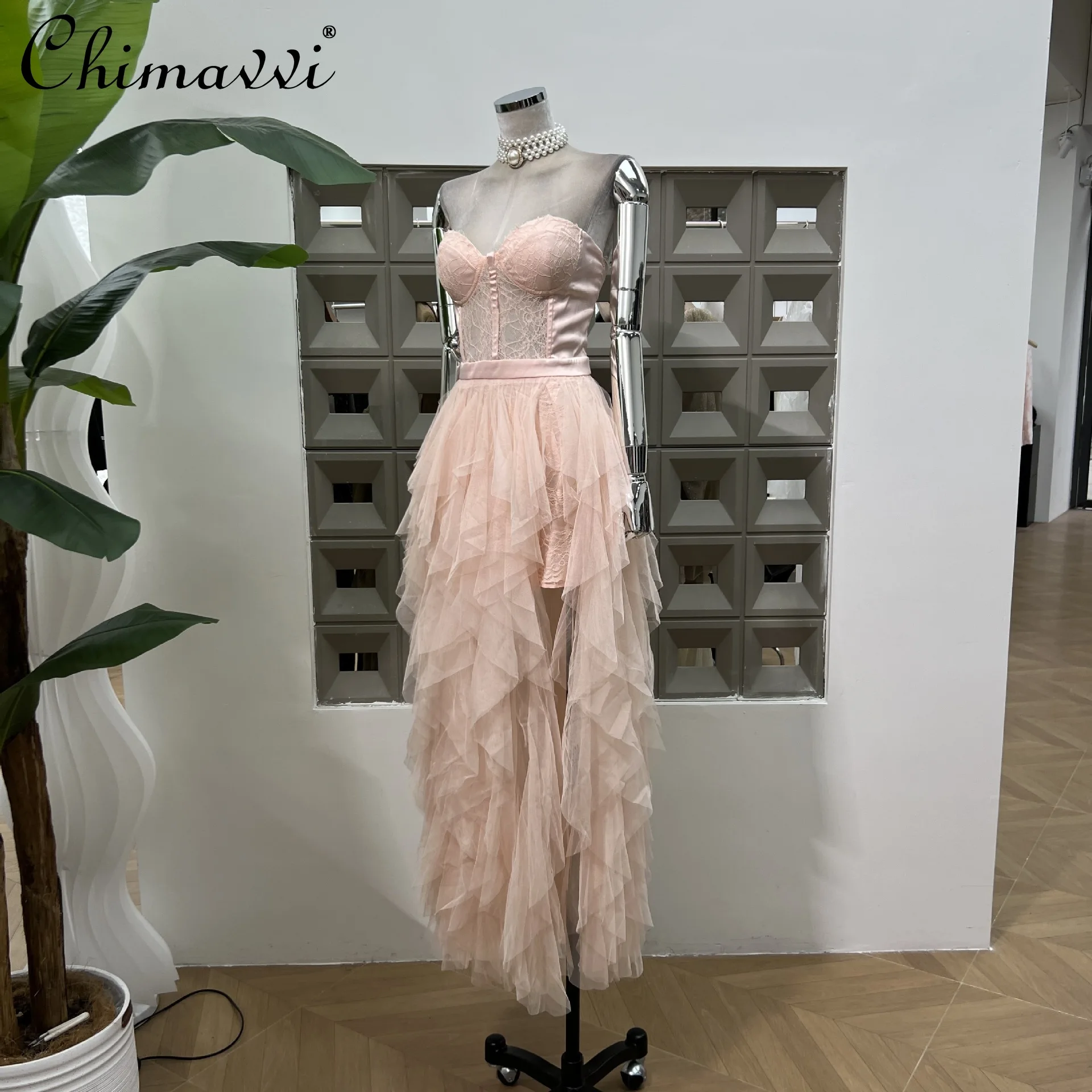 

French Elegant Socialite Fairy Style Pink Party Dress Sleeveless Lace Splicing Mesh High Waist A-line Irregular Long Dress Women