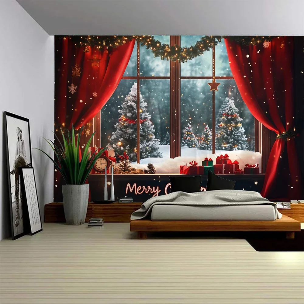 Christmas tapestry, Santa Claus, Christmas tree, snow outside the window, family holiday decorations, fireplace Christmas gifts