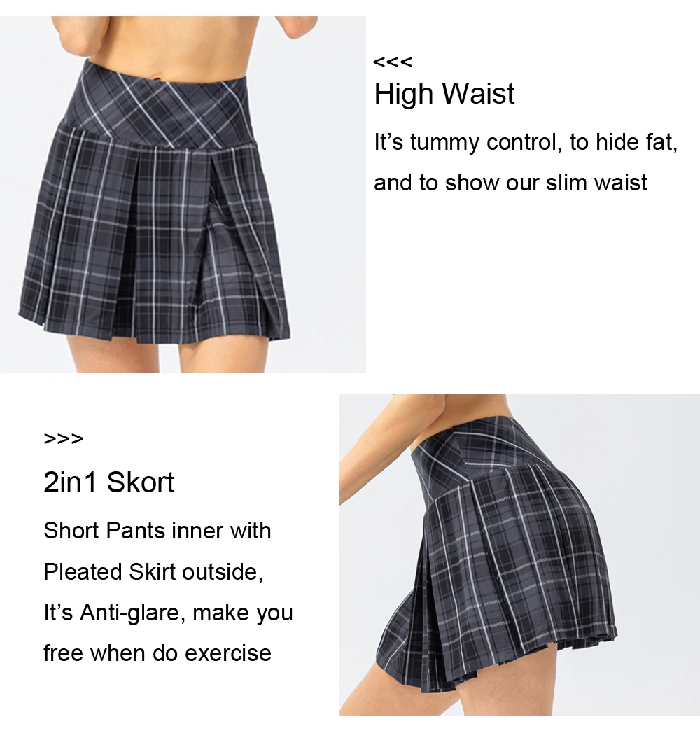 Women Sport Skort with Pockets High Waist Pleated Check Printed Anti-glare Dance Golf Tennis Running Shorts with Skirt