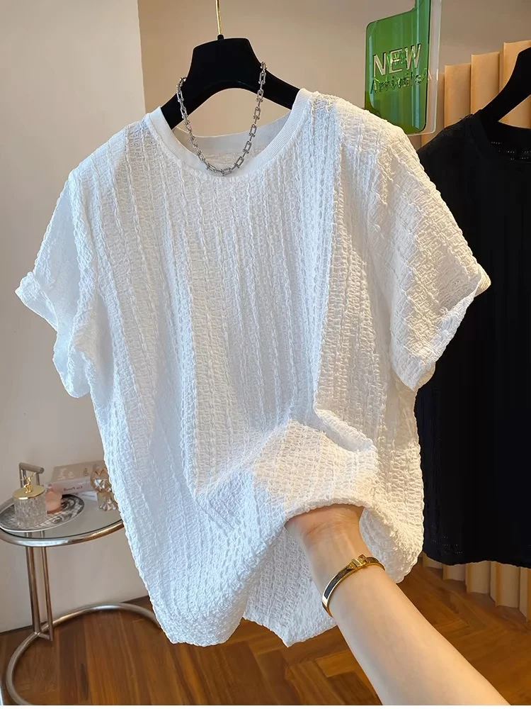 plus Size 300 Pou Women's T-irt round Ne ort Sve Loose Casual Versatile f Sve Summer Top Textured Folded