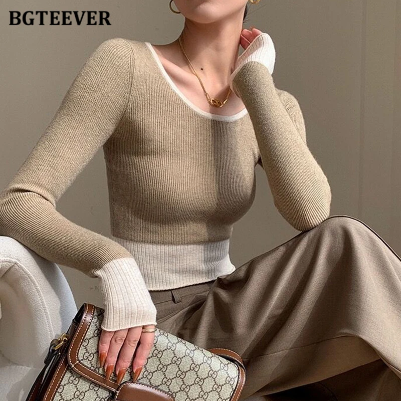 

BGTEEVER Stylish Long Sleeve Patchwork Women Sweater Jumpers Elegant O-neck Slim Ladies Knitted Pullovers Spring Ladies Knitwear