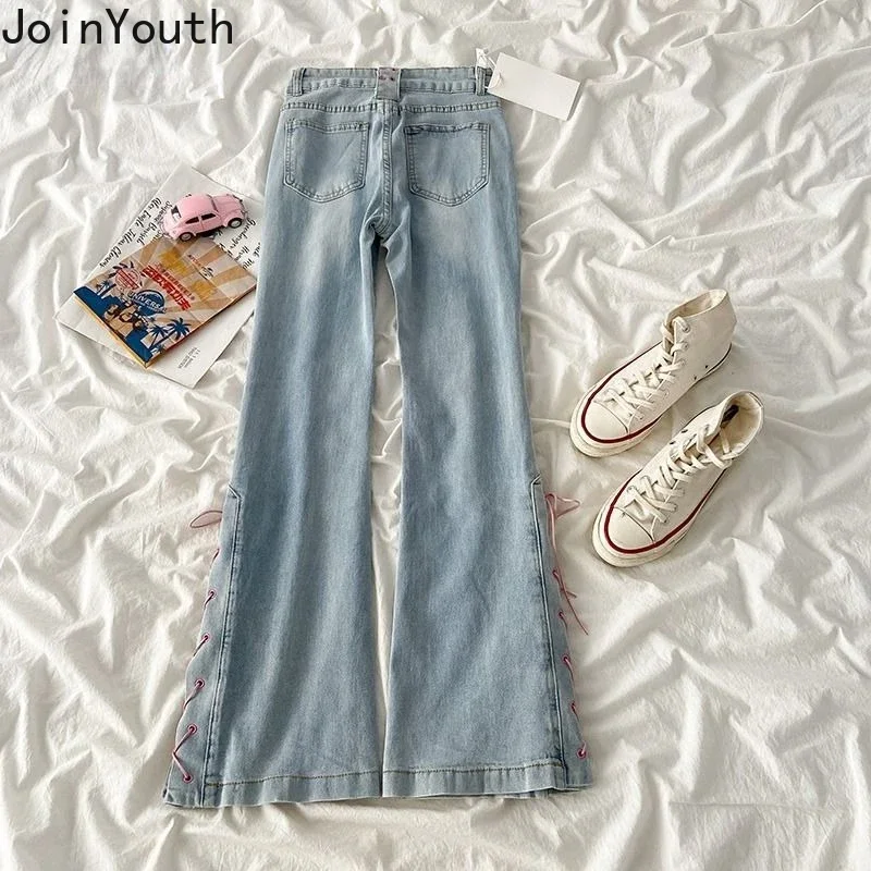 Streetwear Jeans Vrouw Hoge Taille Vintage Y 2K Flare Broek Casual Mode Denim Pantalon Femme Harajuku Bandage Broek 7l364