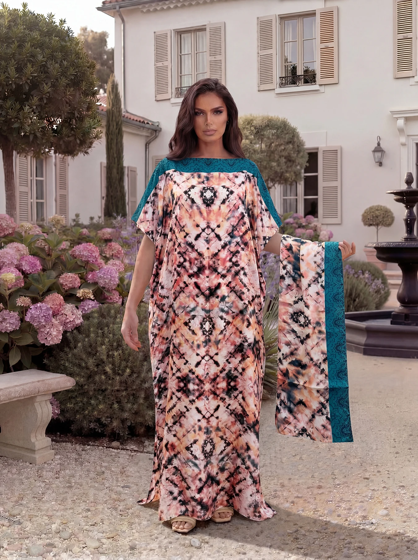 Boho Abstract Tie Dye Print Satin Abaya & Scarf Set, Loose Batwing Maxi Kaftan for Muslim Women Summer Beach Daily Holiday Wear