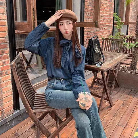 Korea Denim Shirts Women Bow Bandage Long Sleeve O Neck Button Vintage Fashion Ladies Blouse Elegant Tops Casual