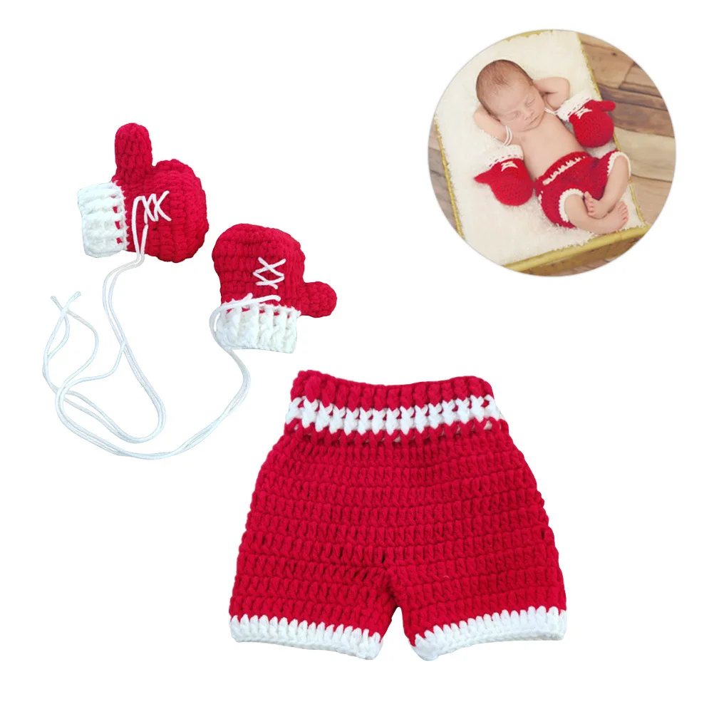 1 مجموعة الأحمر الكروشيه الوليد الطفل زي مجموعة أنيقة محبوك صور الدعائم للتصوير الرضع الزي رائعتين مع قفازات السراويل #5