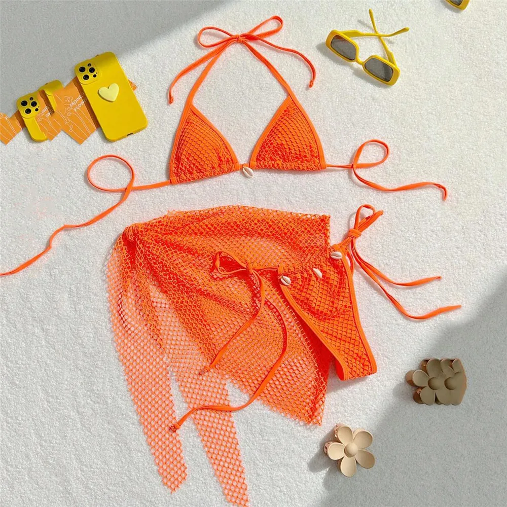 Sexy Brown Mesh Swimsuit Cover Ups Women Triangle String Micro Bikini Thong Halter Swimwear Bathing Suit 3 Piece Bikini Set 2026
