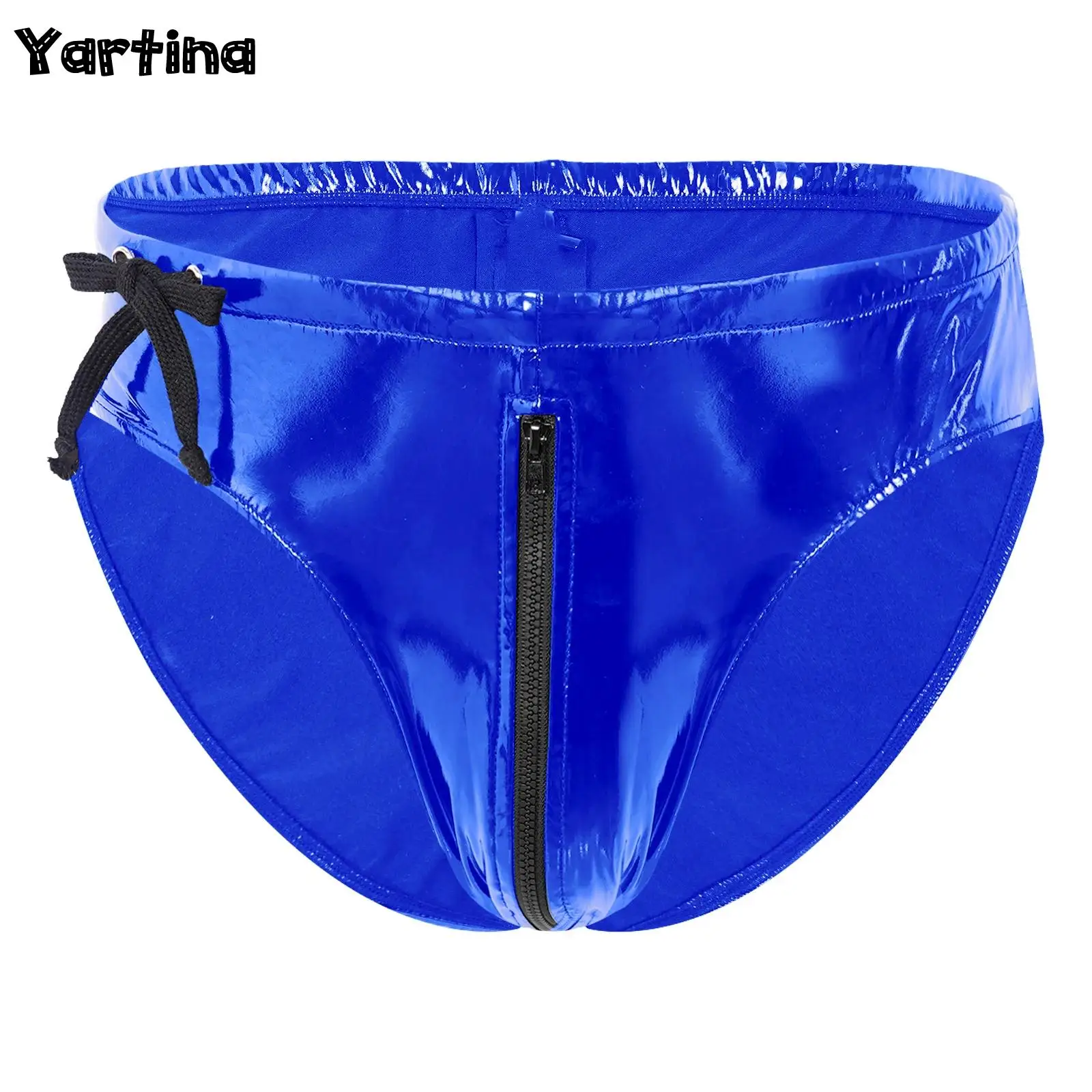 

Men's Shiny Metallic Zipper Briefs Panties Drawstring Low Waist Zipper Briefs Wet Look Patent Leather Underpants Underwear