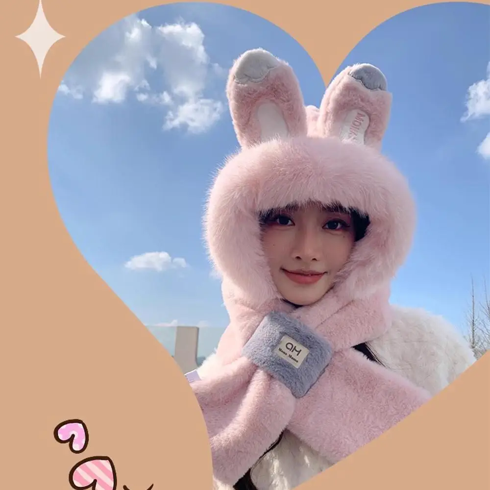 Встроенная шапка с заячьими ушками, комплект шарфов, ветрозащитная шапка для защиты ушей для катания на лыжах и пеших прогулок, плюшевая, мягкая, уютная