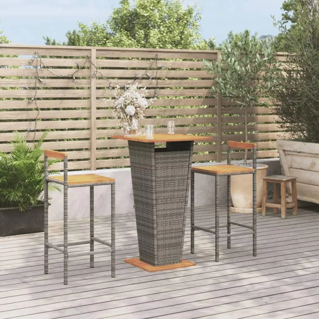 

3-Piece Gray Poly Rattan & Solid Acacia Wood Patio Bar Set for Outdoor Dining