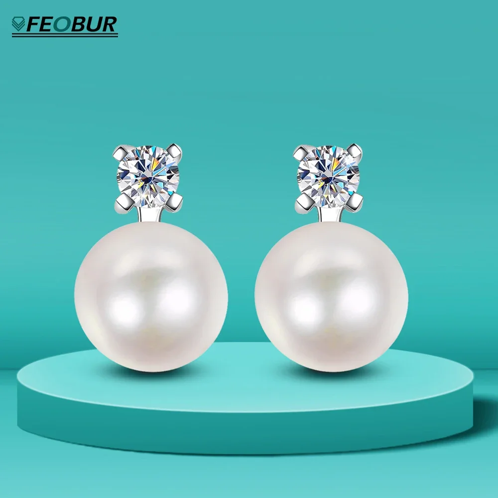 FEOBUR Real Moissanite Pearl Stud Earrings for Women 925 Sterling Silver Lab Diamond 9mm Pearl Drop Earring Wedding Jewelry Gift