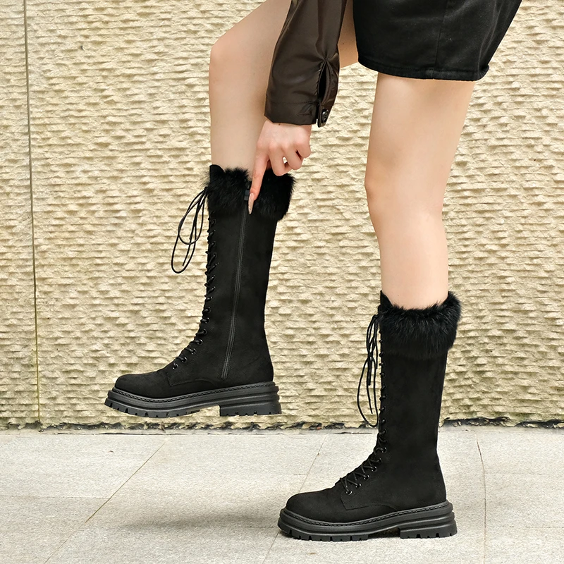 High-rise Snow Boots for Women Winter 2026 New Lace-up Suede Warm Thick-soled Thick Heels Over The Knee
