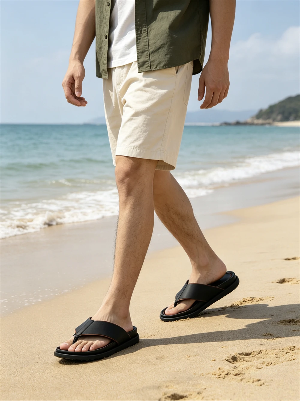 Men Genuine Leather Flip Flops Platform Rubber Sole Summer Beach Casual Open Toe Slip On Outdoor Walking Daily Casual Slippers