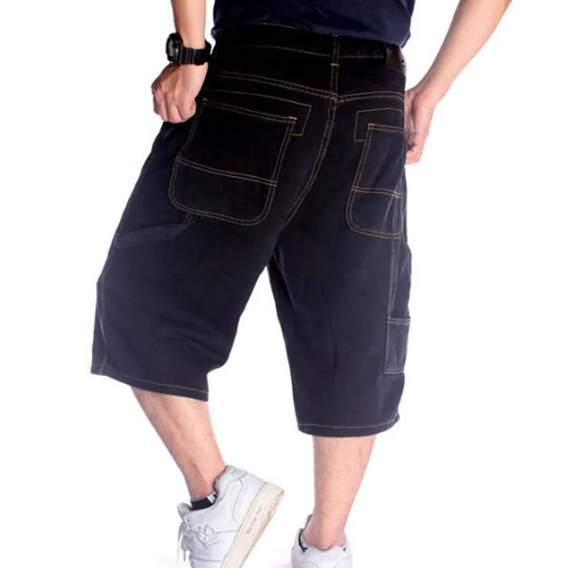 Fashion Men Loose Baggy Skateboard Denim Short Men Black Jeans Streetwear Hip Hop Long 3/4 Shorts