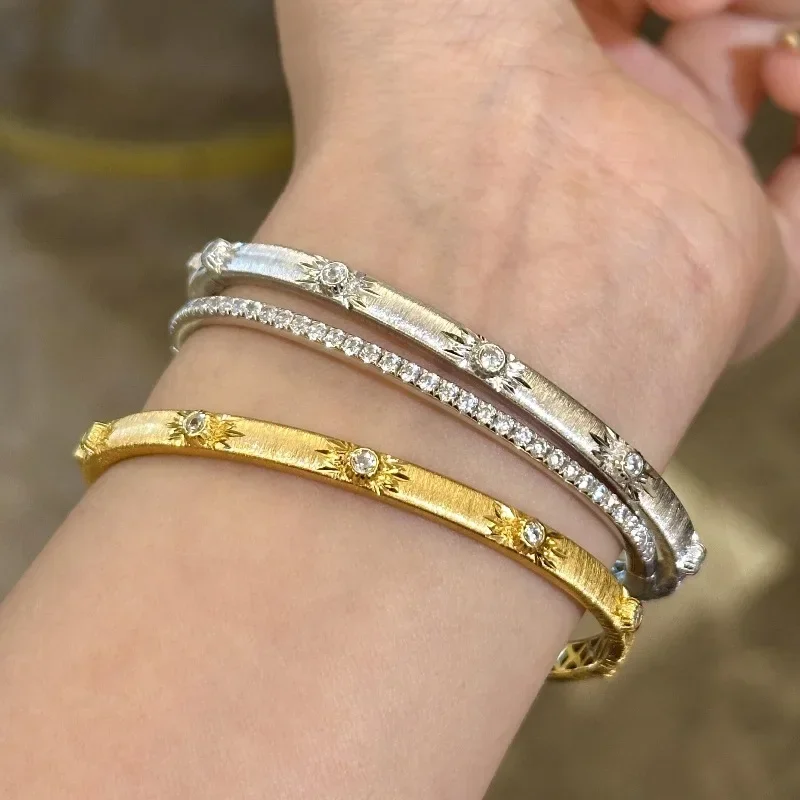 

Retro Starry 925 Silver Star bangles for women High quality Art Inlaid Diamond Exquisite Brushed bracelet Wedding Jewelry