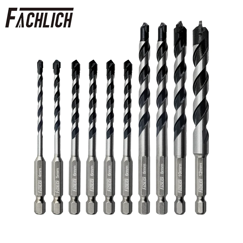 FACHLICH 10pcs Drill Bit Kit Quick-Fit Shank Screw Carbide Overlord Hole Saw Masonry Concrete Brick Ceramic Tile Wood Miliing