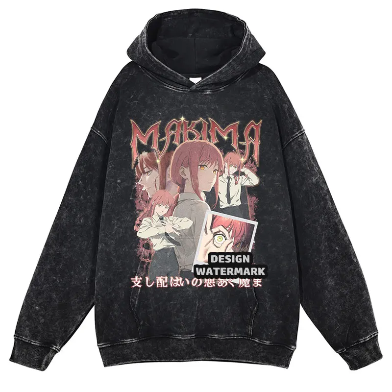 Bluzy Anime Chainsaw Man Denji Makima Aki Reze Nadruk Vintage Sprane Bluzy z Kapturem Oversize Męskie Bluzy Bawełniane