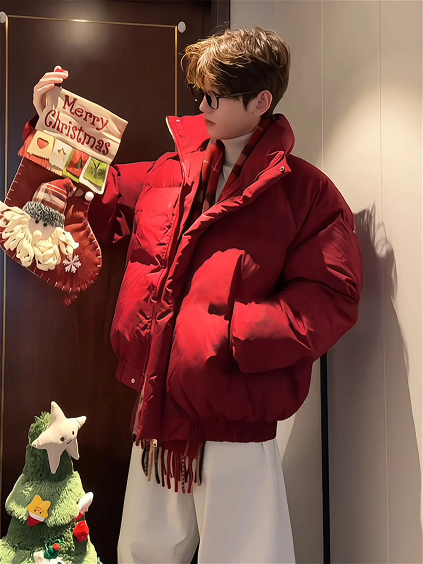 

Red ort Men's down Cotton Jaet Winter Cisas New Year's Day American Bread Sle Warm Thiened Polyester Fiber Coat