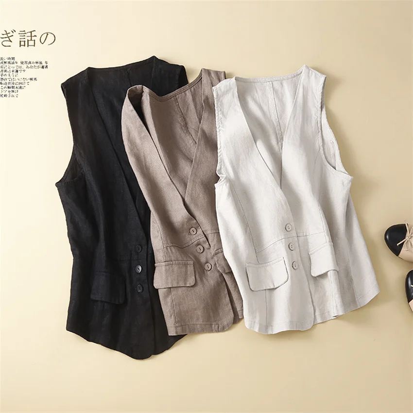 

2023 New Women Cotton and Linen Vest Fashion Lady Solid Vests Plus Size Female Slim Sleeveless Coat Jackets Short Paragraph 2102