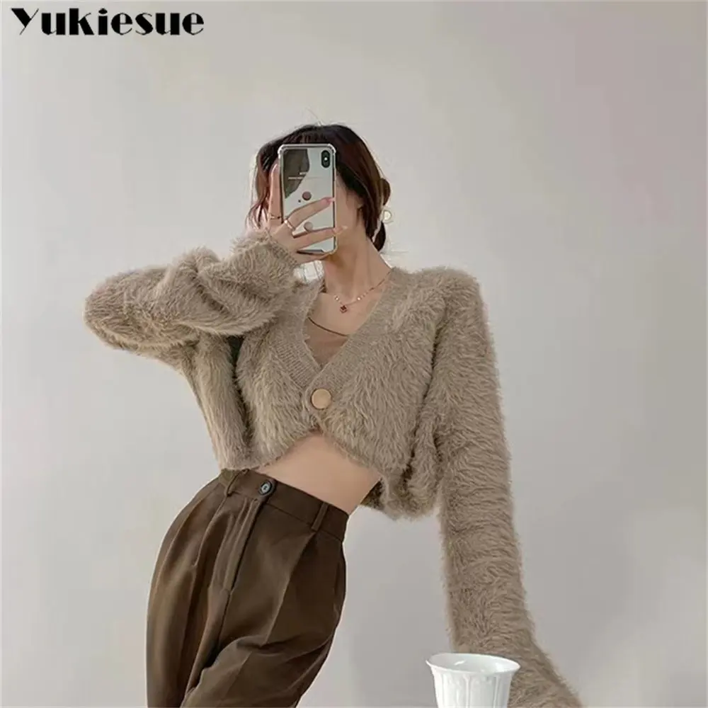 

2022 Autumn Fashion Casual Elastic One Button Short V-neck Knitted Sweater Plush CardiganTops high street Korean stytle Sweater