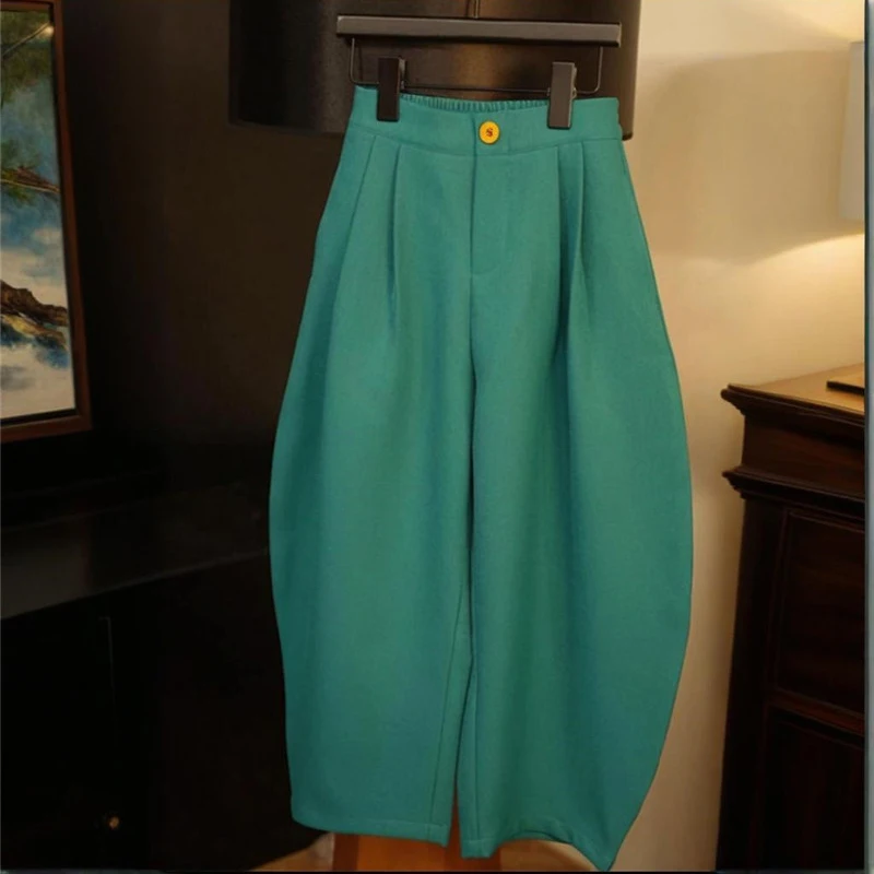 

Весенне-осенние зеленые брюки для женщин, широкие брюки с литературным фонариком, модные свободные плиссированные брюки, универсальные