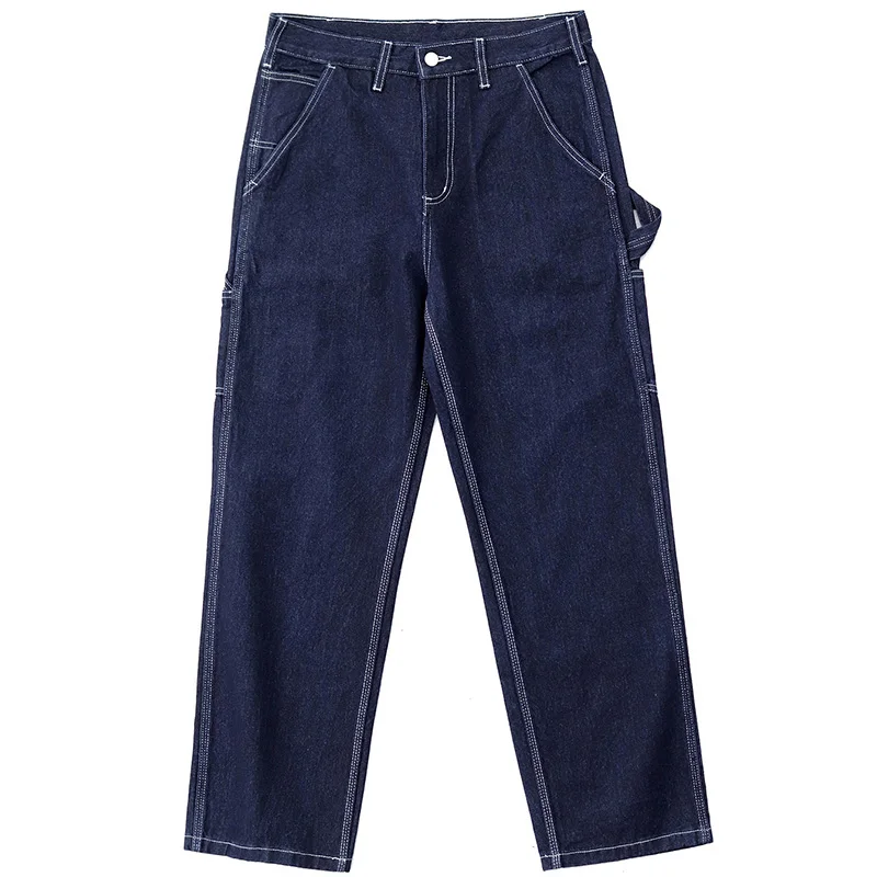 3903# Spring New American Retro Denim Carpenter Cargo Jeans Men\'s 100% Cotton Washed Loose Casual Multi-pocket Straight Pants