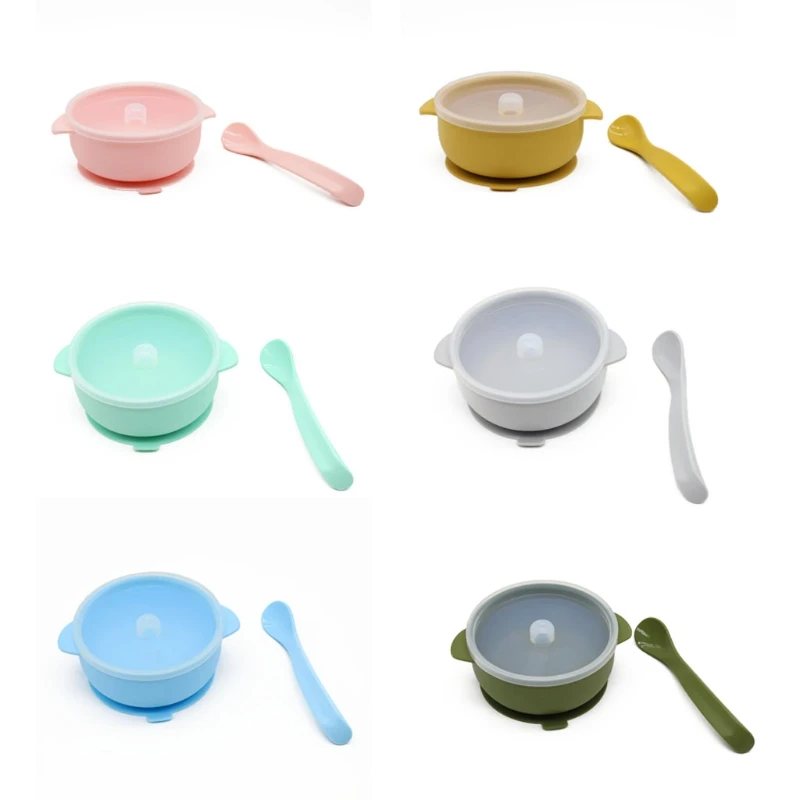 2 Pcs BPA Free Silicone Waterproof Baby Suction Bowl with Lid Training Spoon Set Non-Slip Learning Feeding Food Dish Plate Kids