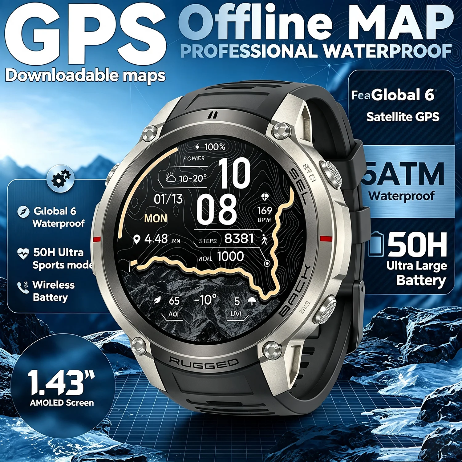 1.43'' AMOLED GPS Smart Watch with Offline Map 5ATM Waterproof 500mAh Battery Elevation Pressure Compass for Fitness And Health