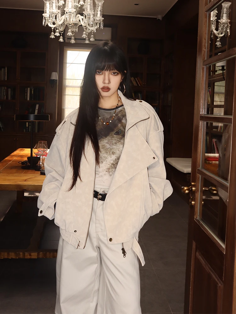 Jaqueta Feminina de Couro PU Macio, Estilo Pudong, Manga Longa, Caimento Solto, Elegante, para Outono Inverno