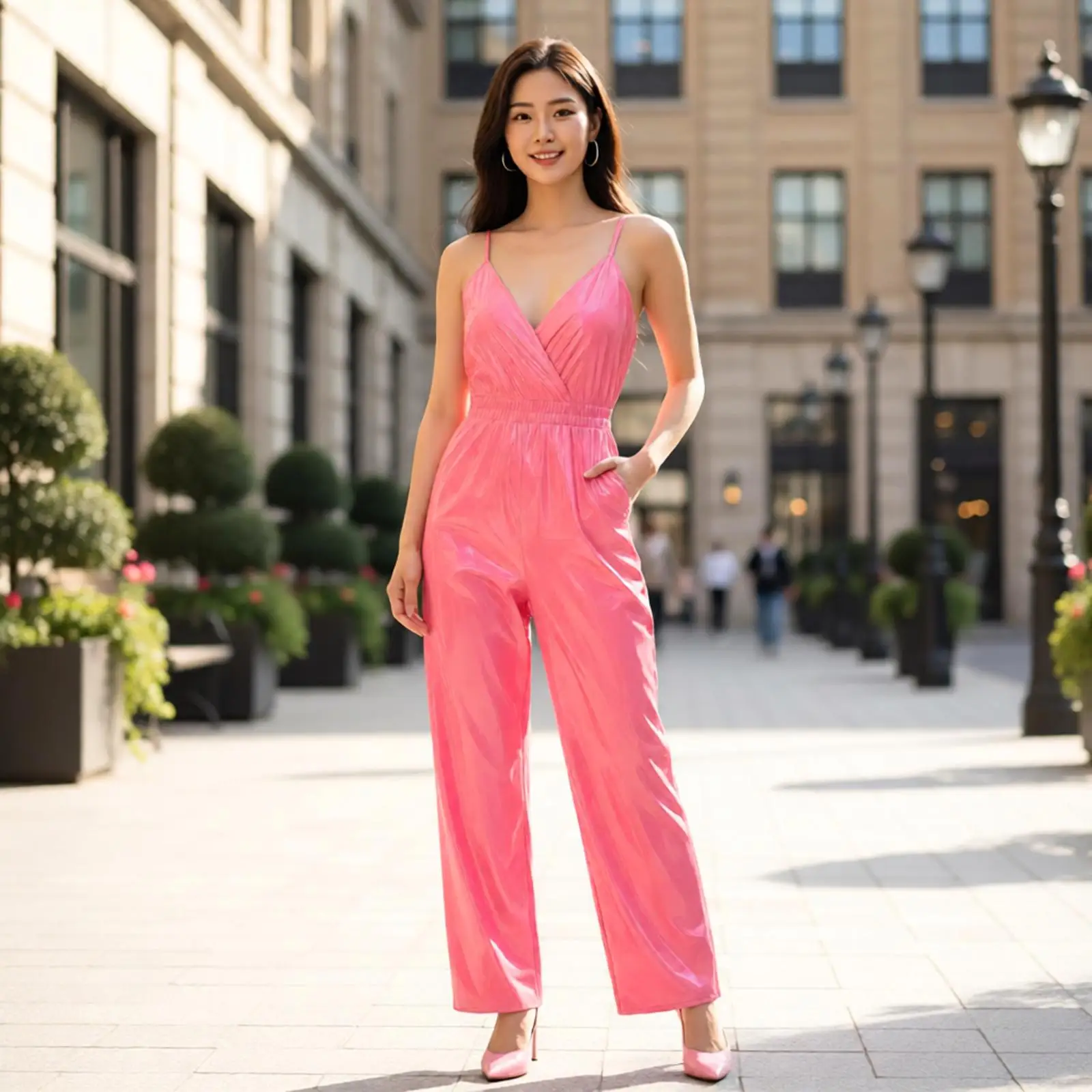 Elegant Women Jumpsuit Glossy Waterproof Bodysuit V Neck Elastic Waist Sleeveless Wide Leg Casual Party Formal Long Pant Romper