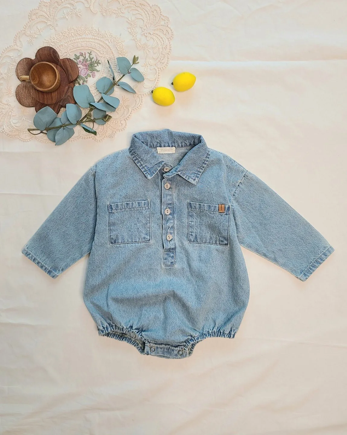 Baby Boys Clothes Korean Kids Autumn New 2023 Romper Turn Down Collar Retro Style Jeans Pure Cotton Soft Solid Color One-piece