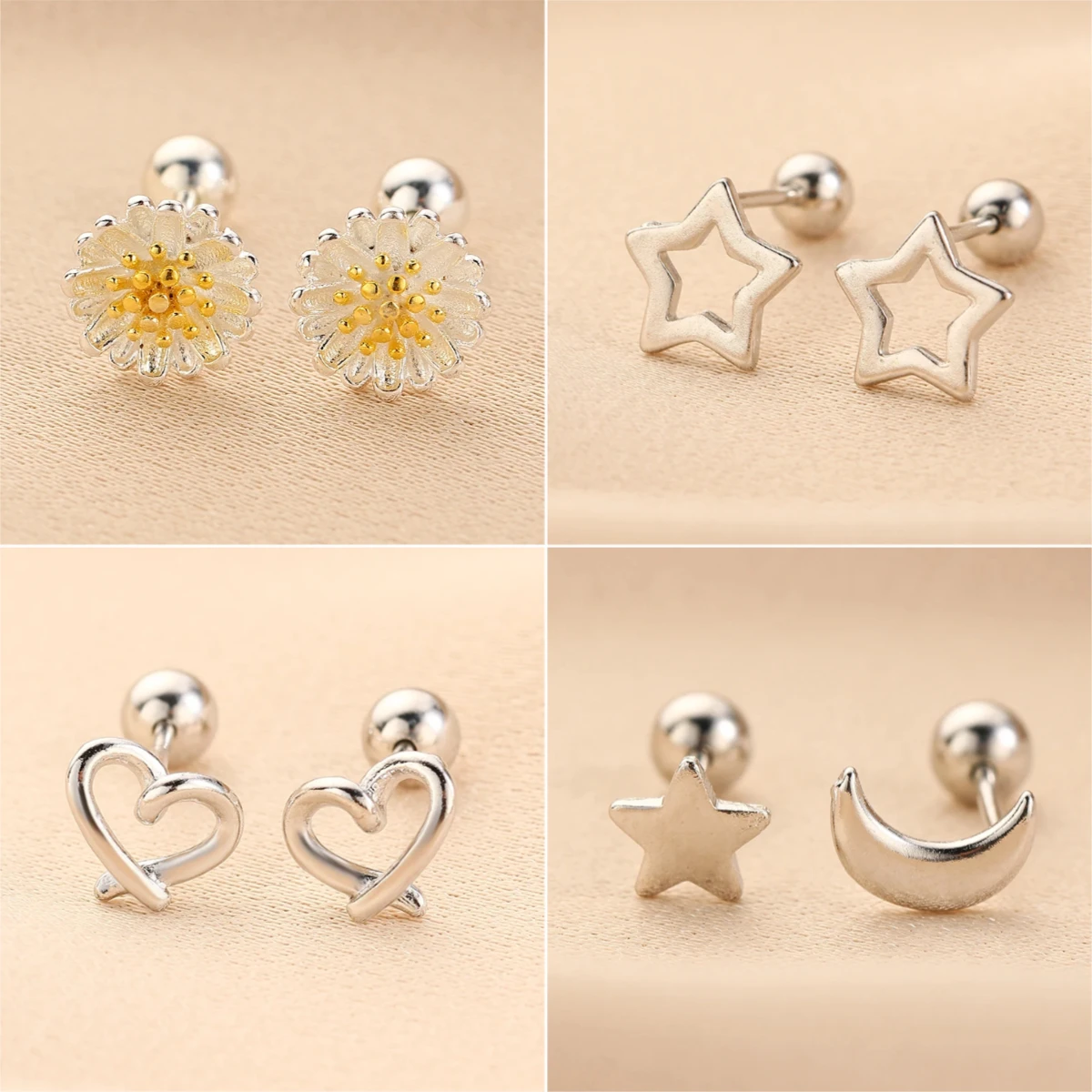 Vielfältige Mini-Tragus-Ohrstecker für Frauen und Mädchen, Silberfarben, Gänseblümchen-Blumen-Design, Hohle Schleife, Einfacher Vielseitiger Schmuck, Geschenk