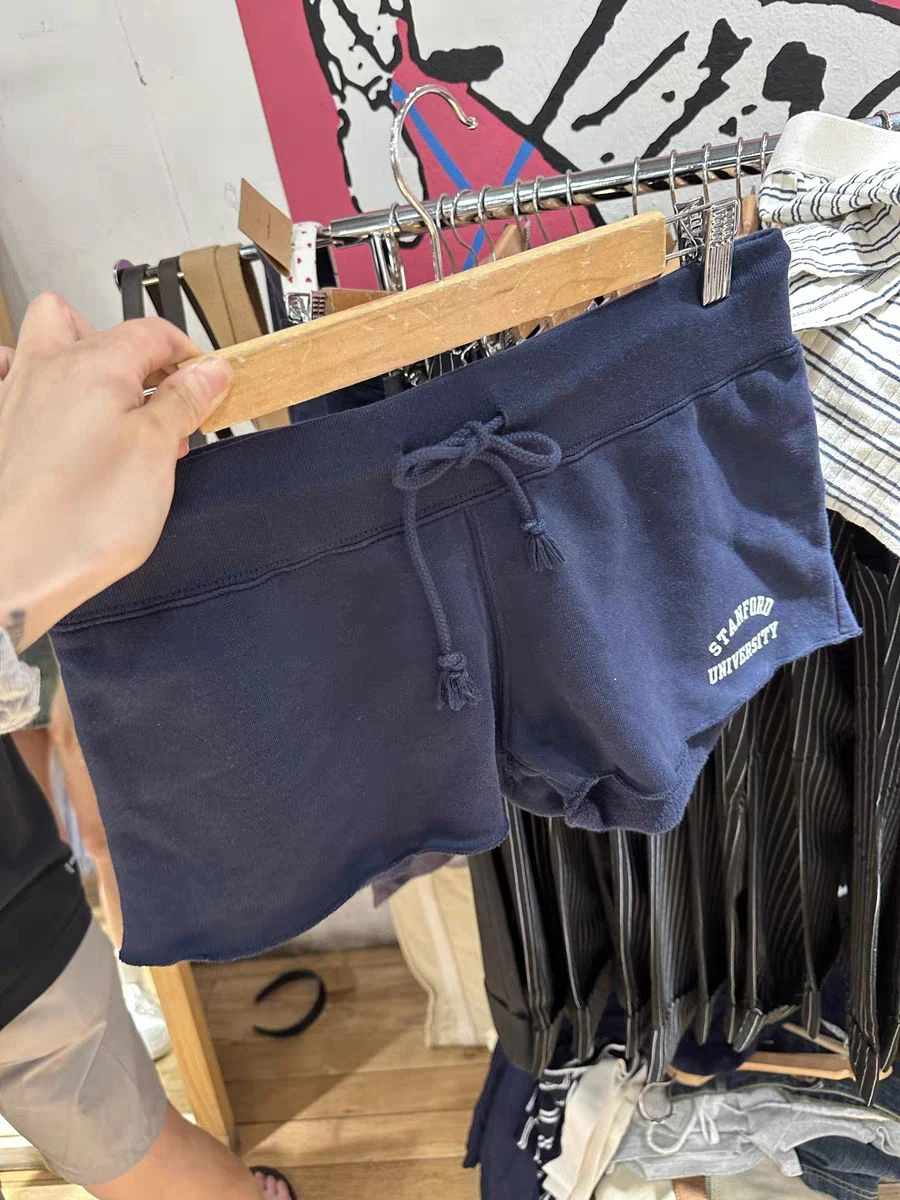 Sweatshorts de algodão feminino, calça curta reta casual, streetwear vintage, calça solta, bainha crua, estampa de letras, marinha, verão