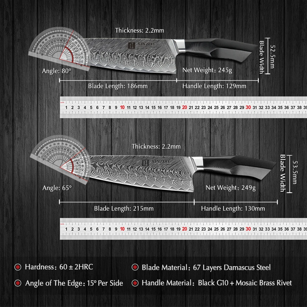 XINZUO 6PCS Damascus Steel Knives Set Natural Acacia Wood Magnetic Knife Holder Japanese Forged Damascus Steel Knife G10 Handle