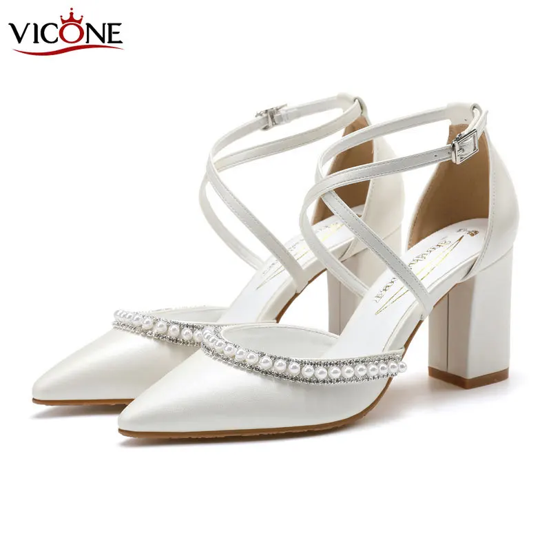 Wedding Bride Shoes Woman Heels Shoes and Sandals White High-heeled Shoes with Pointed Toes Cross-buckle Luxery Shoes Women