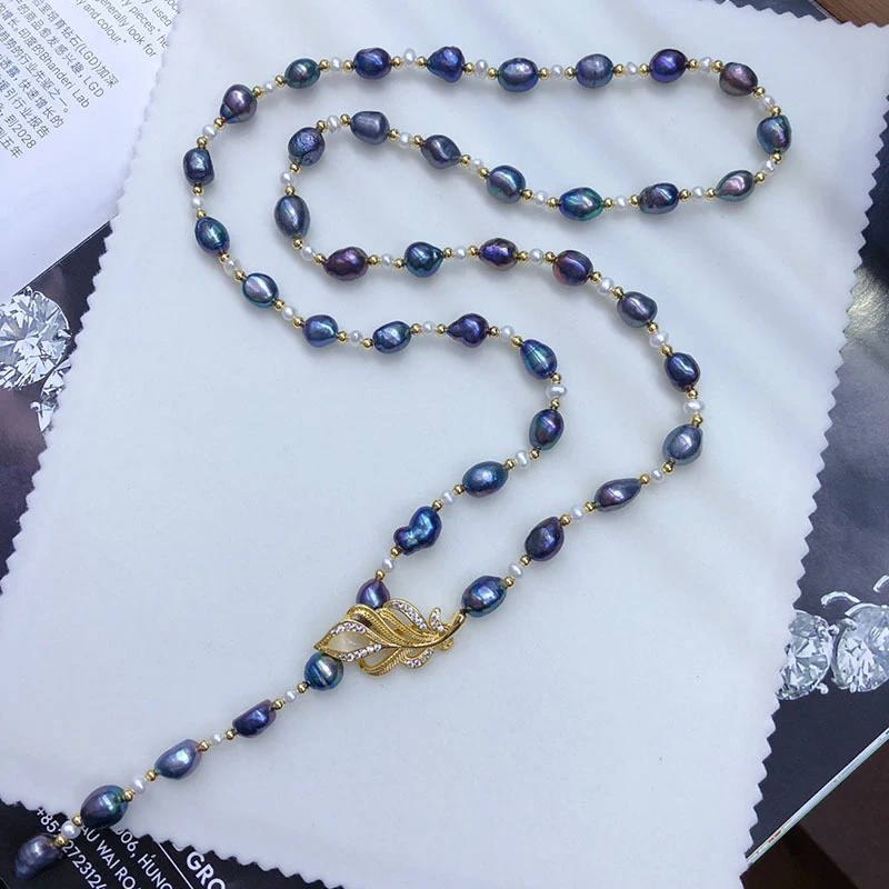 

Irregular Baroque Freshwater Pearl Sweater Necklace, Black Blue, Medium Length, Fashionable and Versatile Vintage Accessory