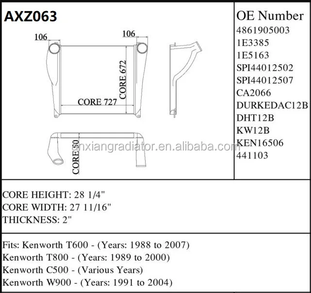 tractor parts truck intercooler charge air cooler for Kenworth Peterbilt T600/T800/C500/W900 F3110351 4861900002 1E3470