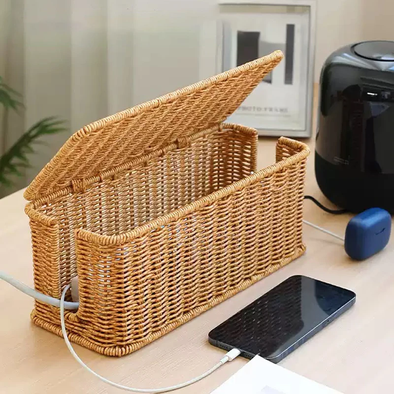 Imitation Rattan Cable Organizer Box Office Desk Charger Socket Network Line Storage Bin Power Cord Charger Storage Box