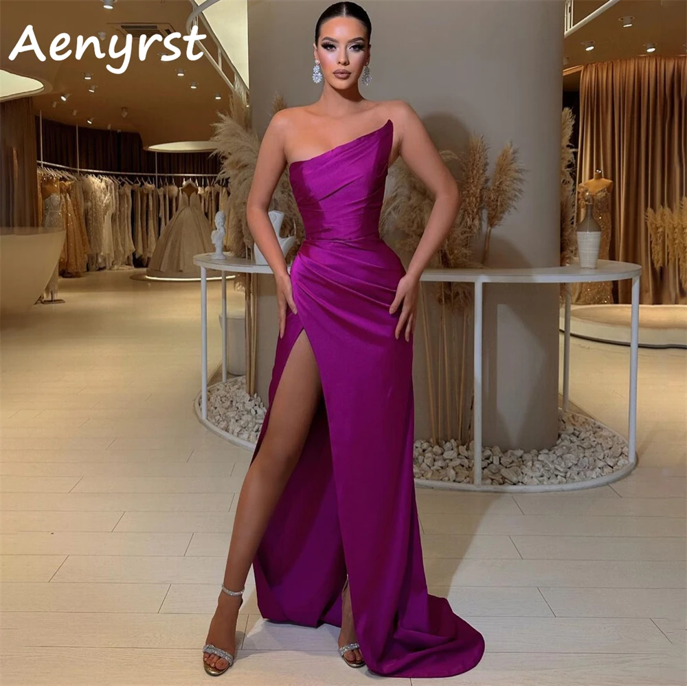 Aenyrst Sexy Strapless Saudi Arabia Prom Dresses Satin Mermaid Side Split Bodycon Codktail Gowns Floor Length Dinner Party Dress