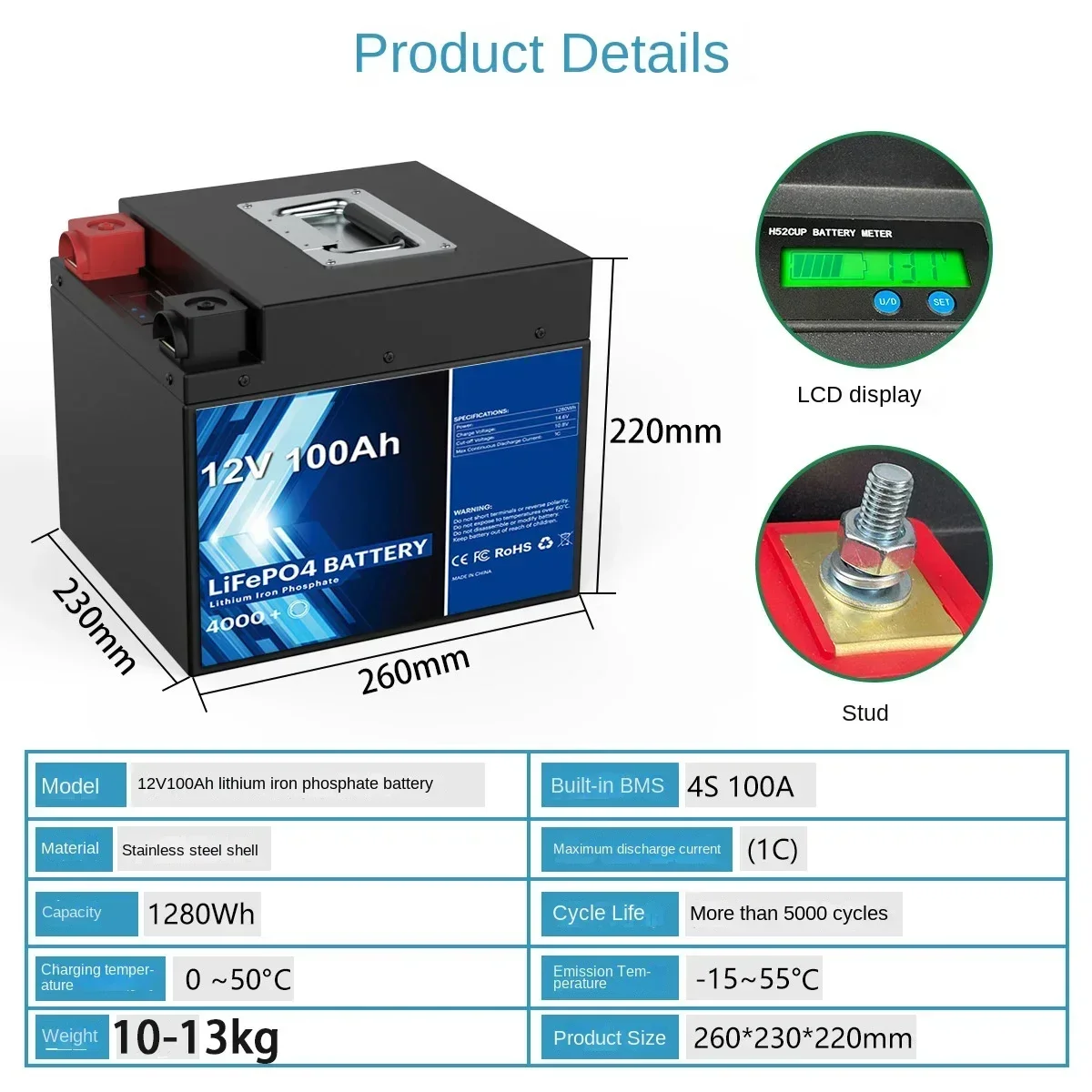 Bateria LiFePO4 com Built-in BMS, Bateria De Fosfato De Ferro De Lítio, Adequado Para Armazenamento De Energia RV, Energia Solar, 12V, 100Ah