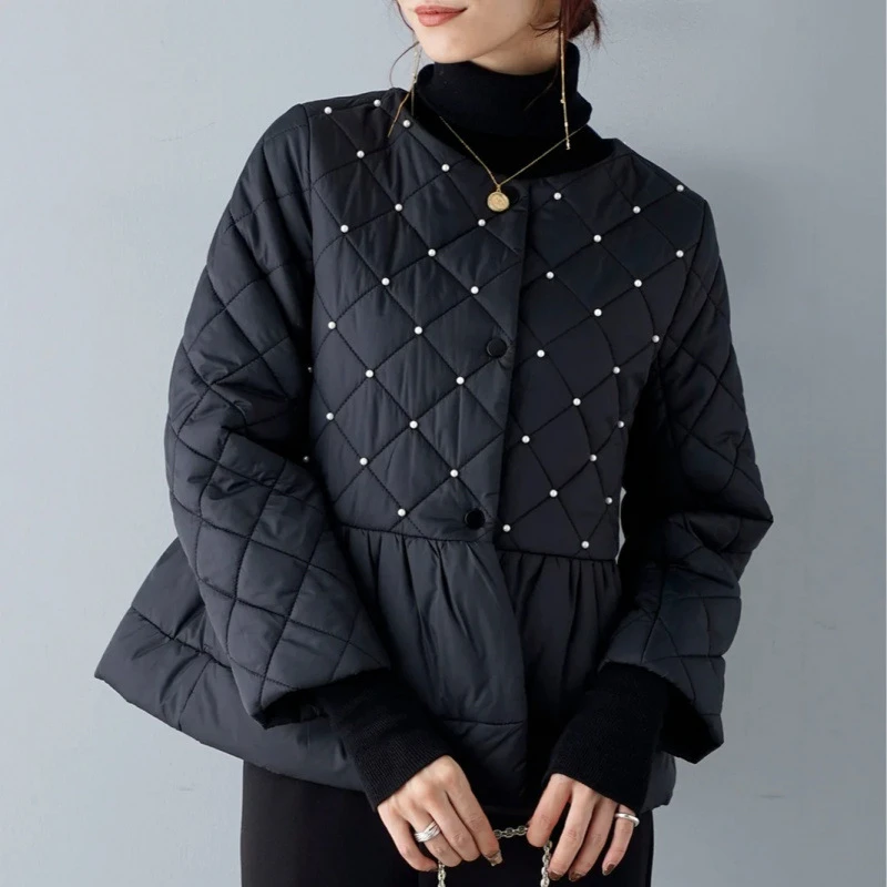 KUSAHIKI Beads Pearl Fashion Warm Parka Jacket Lightweight Korean Rounf Neck Sweet Chic Women Parkas Coat 2024 Winter New