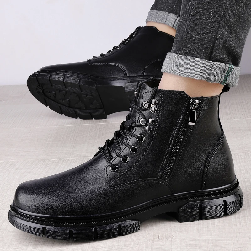 

High Quality Men's Classic Black Velvet Warm High Top Boots Fashionable Lace Up Side Zipper Men's Comfortable Motorcycle Boots