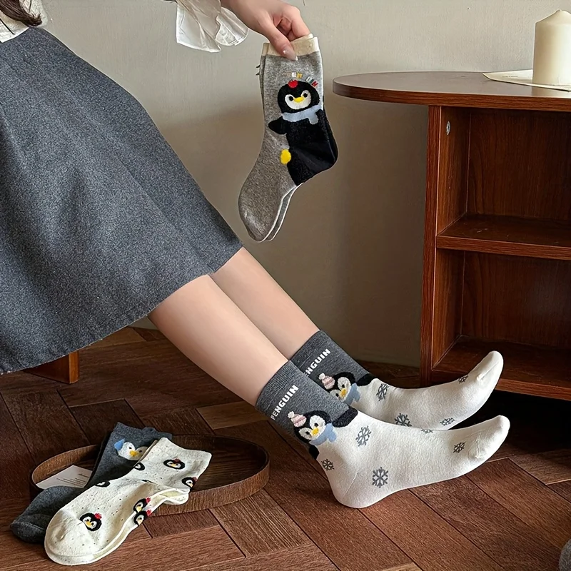 4 Paar vier Jahreszeiten Damen-Spitzengarn, japanisches süßes und niedliches Cartoon-Pinguin-Muster, vielseitige und bequeme lange Socken – Detail 5