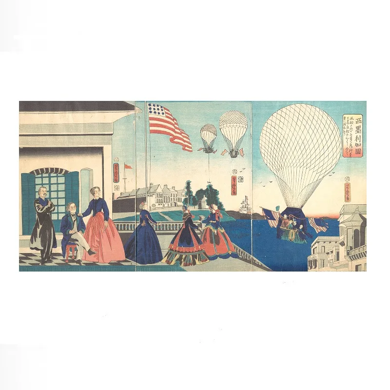 “America”: Enjoying Hot Air Balloons Utagawa Yoshitora Japanese 1867 , Art Print Canvas Poster, Living Room Decor