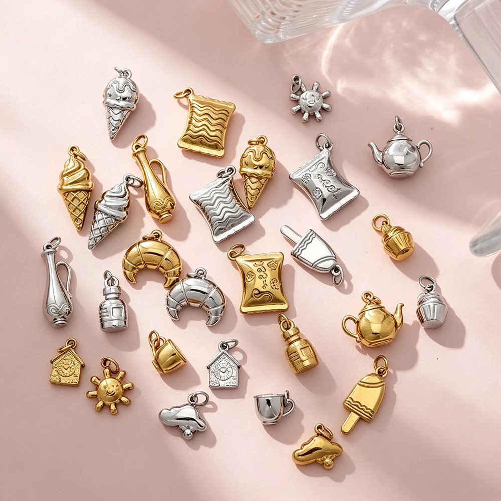 Mixed Dessert Food Charms Stainless Steel Two‑Tone Ice Cream House Teapot Pendant Handmade DIY Jewelry Making Findings
